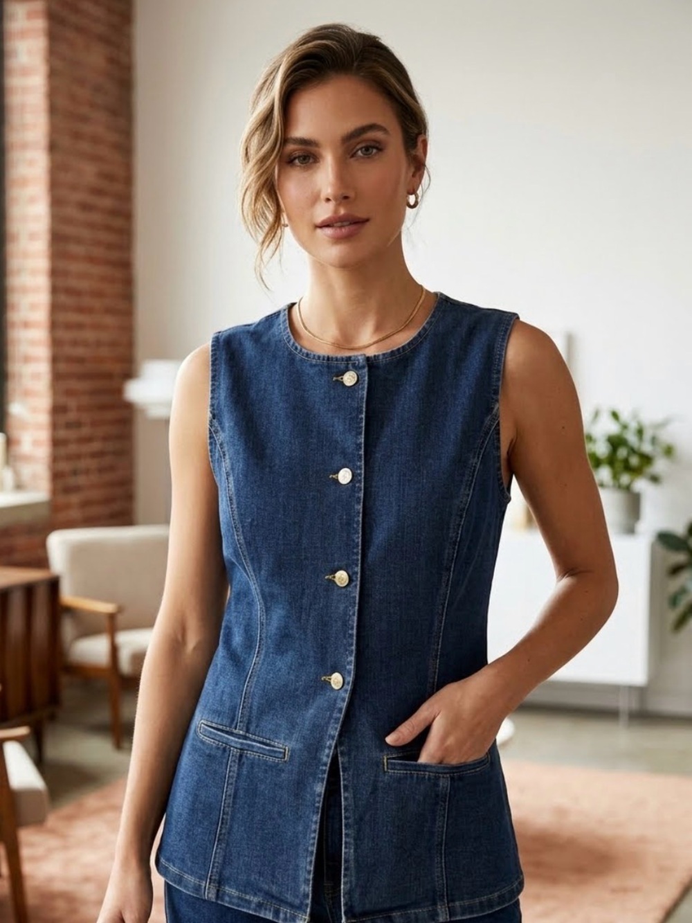 FORE Women’s Longline Denim Vest in a flattering fitted silhouette.